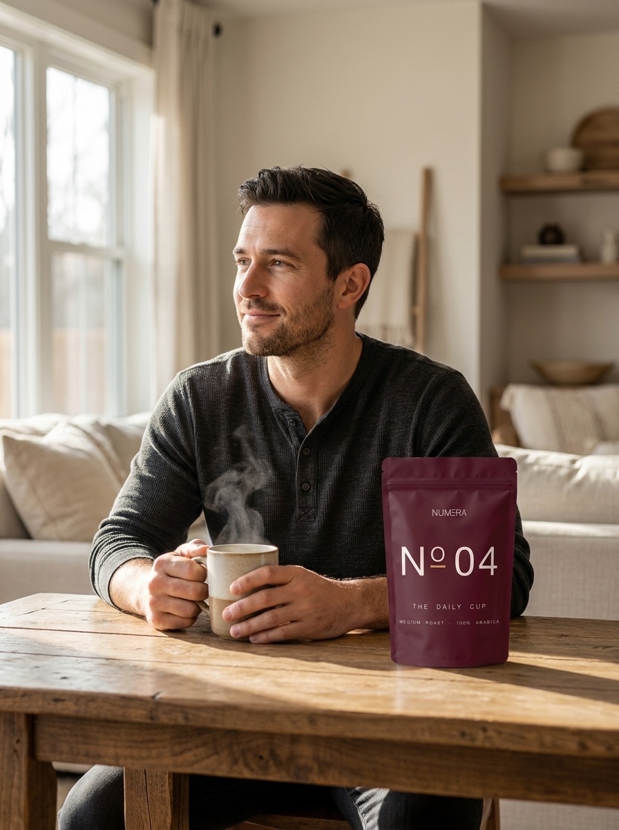 A man at a wooden table with a steaming mug, the maroon N°04 The Daily Cup pouch beside him.