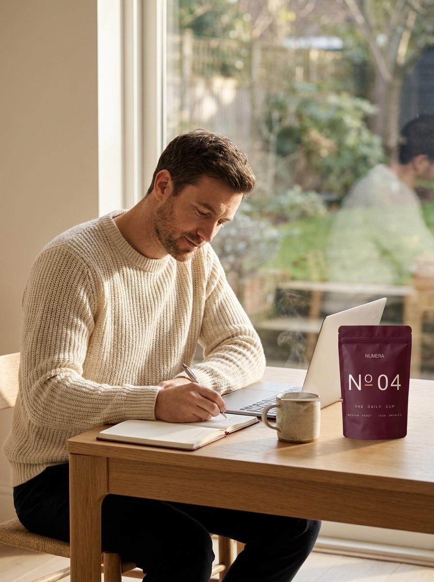 A man in calm, focused morning work beside a steaming cup and the N°04 pouch