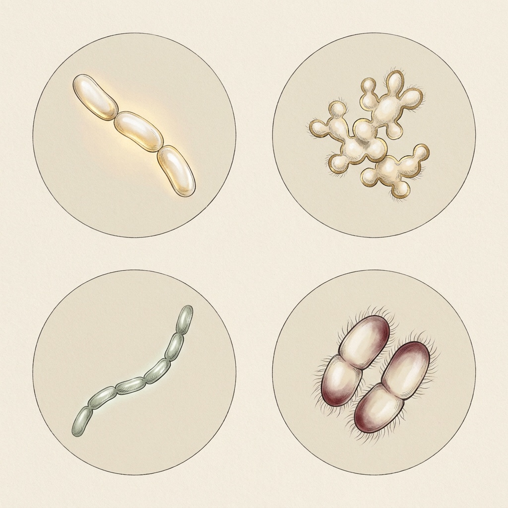 Four named probiotic strains rendered as illustrated specimen studies.