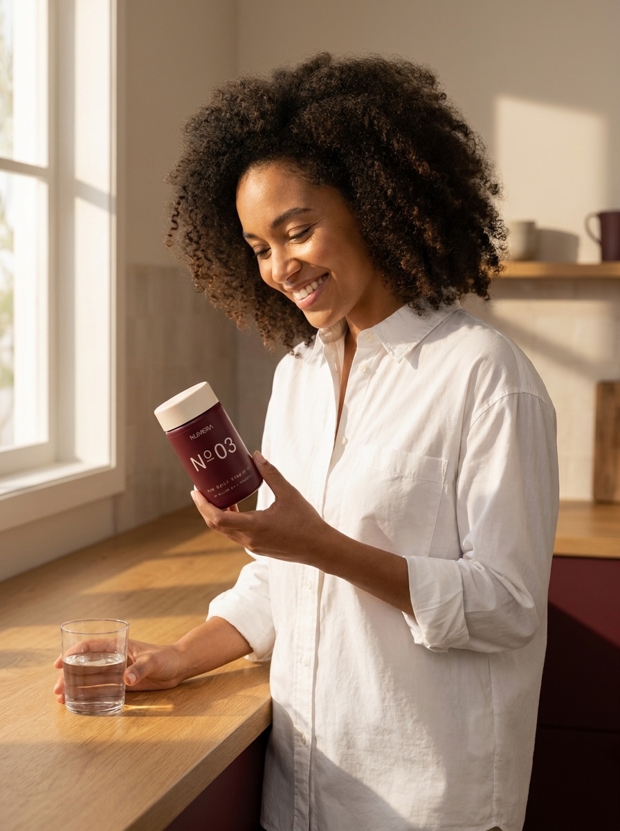 A woman in a bright kitchen smiling at the maroon N°03 The Daily Synbiotic bottle in her hand.