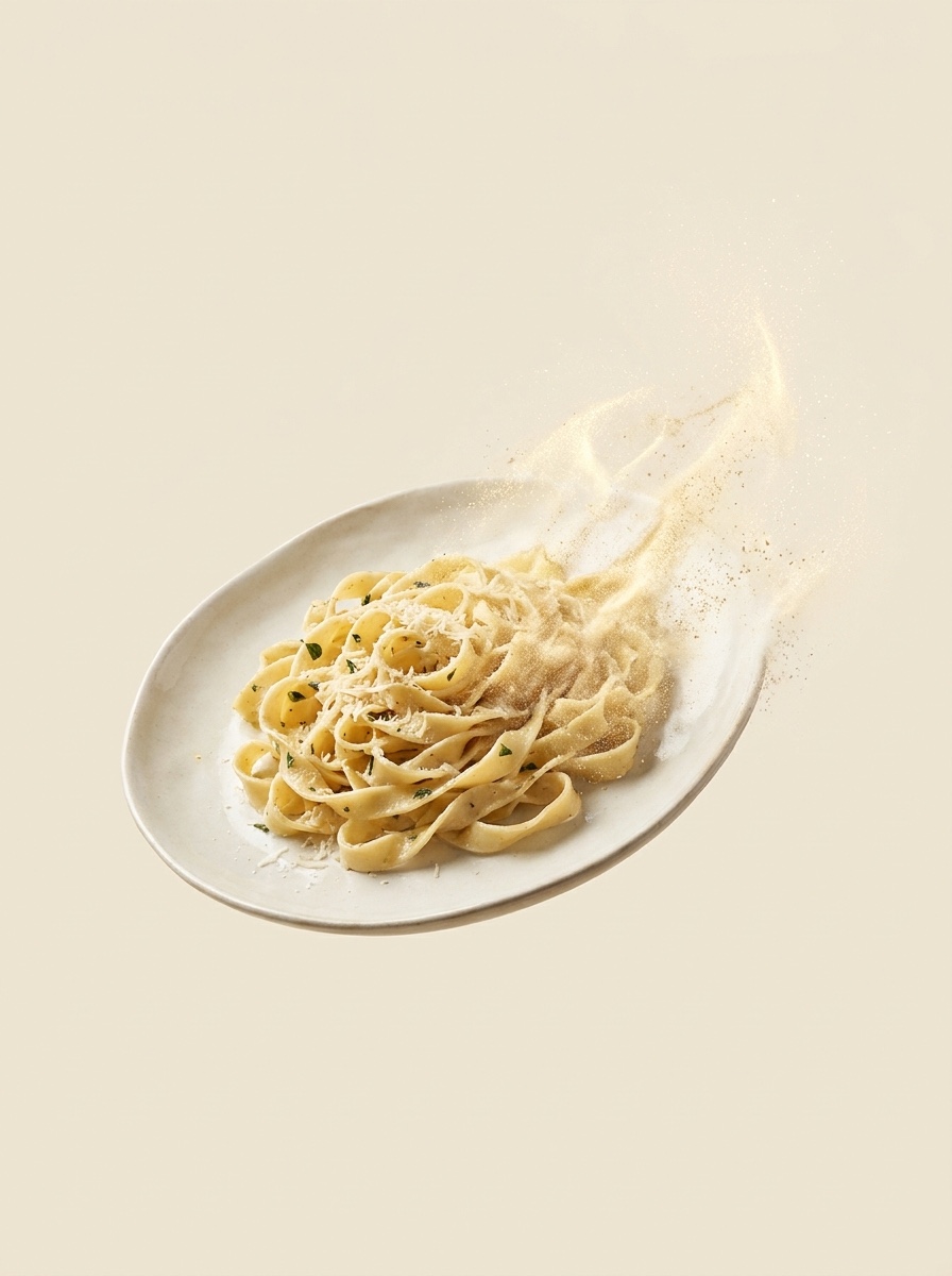A plate of pasta dissolving into fine golden particles — what the DigeZyme® and bromelain enzymes do to a meal