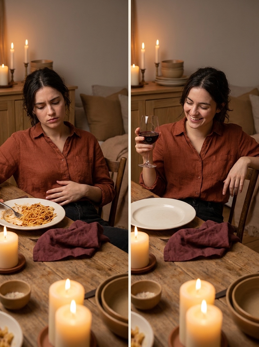 The same dinner, two endings — left: heavy and uncomfortable; right: light and at ease, plate finished