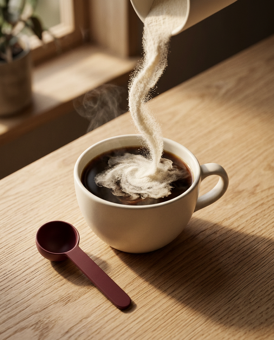 Collagen powder pouring into a cup of coffee and dissolving