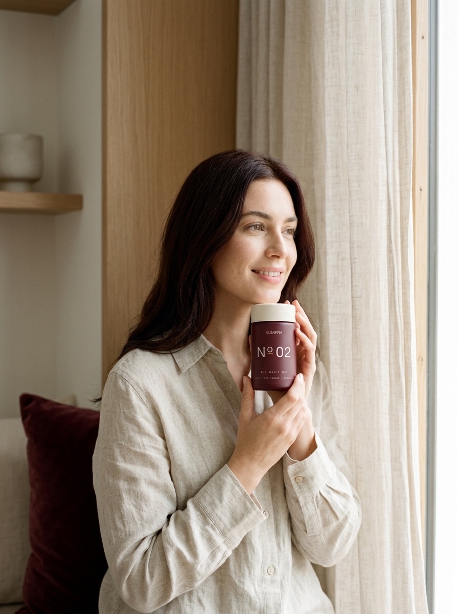 A woman by a sunlit window in linen, holding the maroon N°02 The Daily Gut bottle.