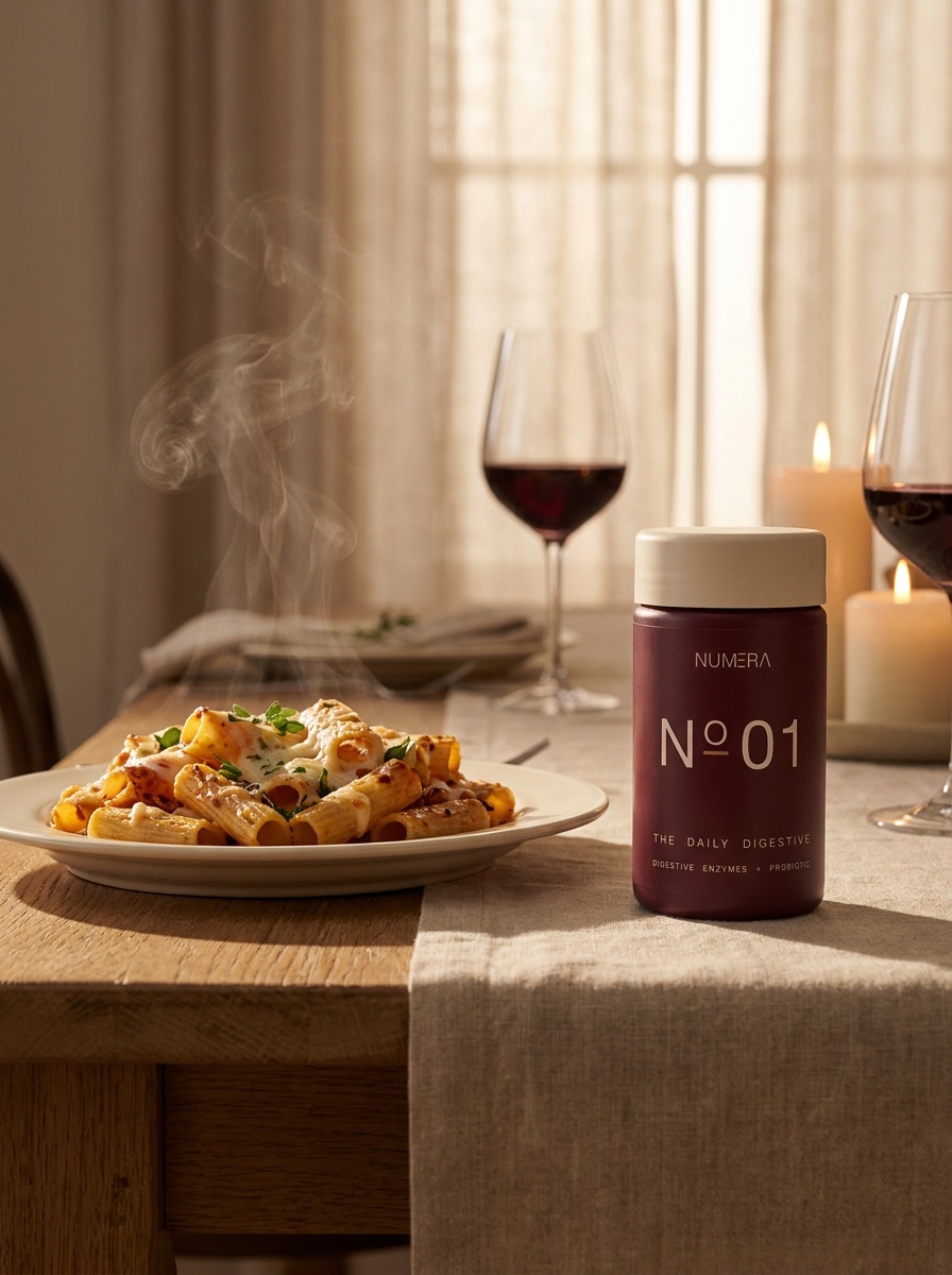 A warmly-lit dinner scene with the N°01 bottle beside a steaming plate of pasta