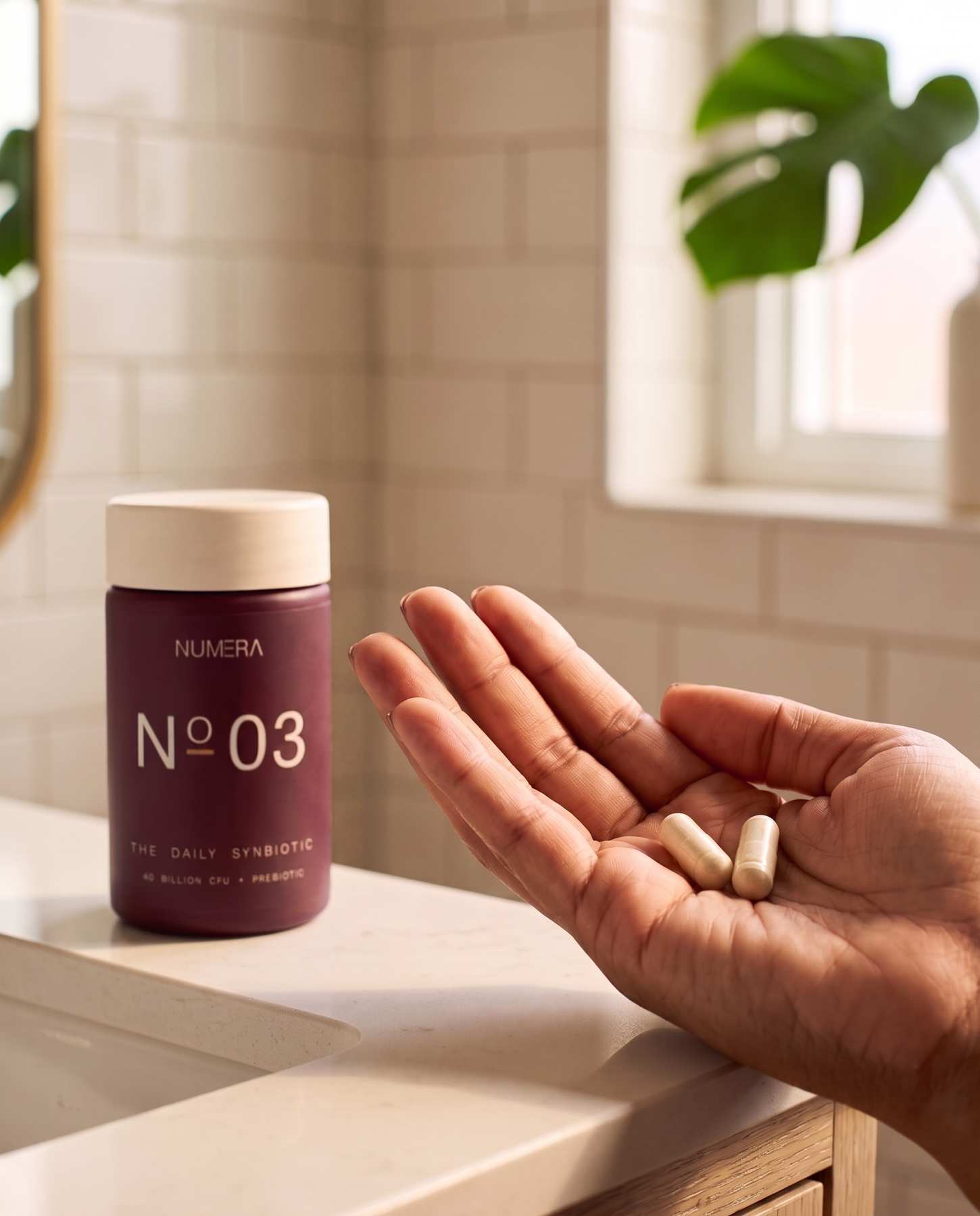 N°03 capsules resting beside the bottle