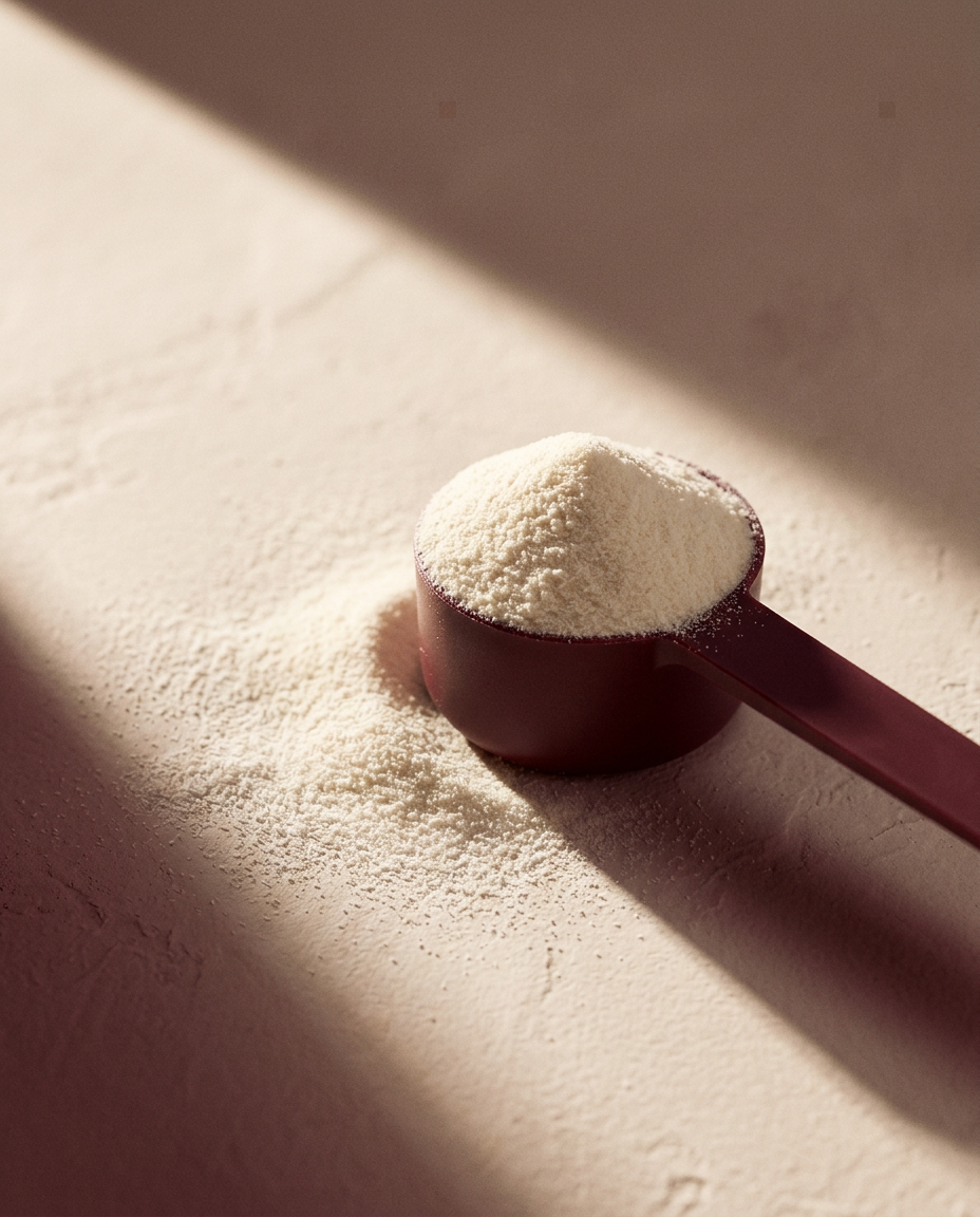 A maroon scoop of unflavored collagen peptide powder in morning light