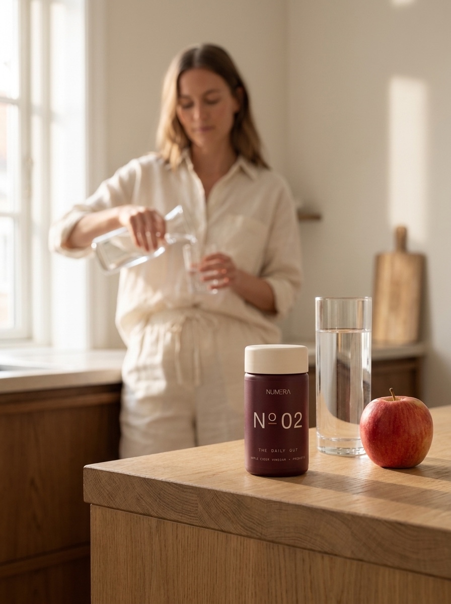 The N°02 bottle beside a glass of water and an apple on an oak counter, a woman pouring water behind