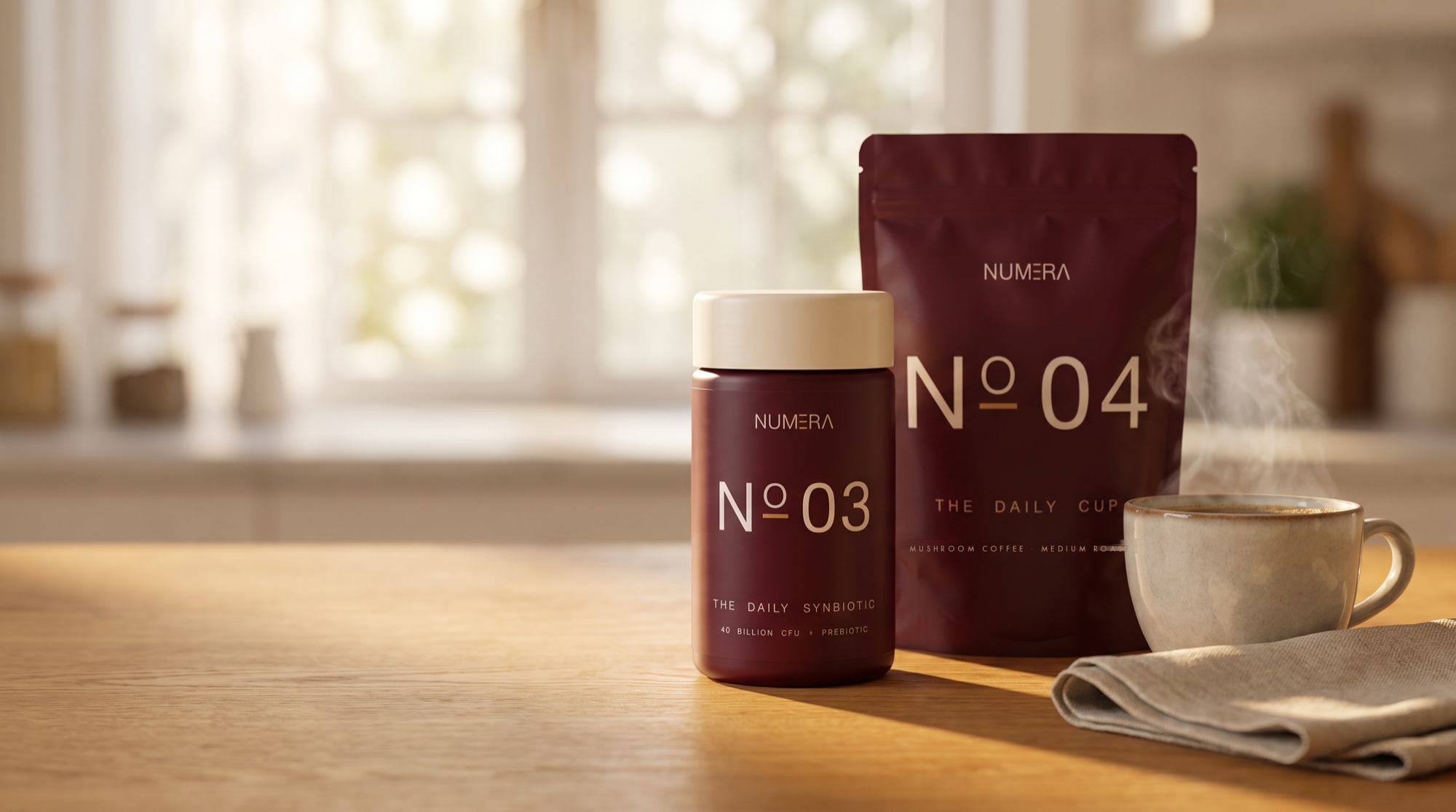 N°03 The Daily Synbiotic and N°04 The Daily Cup on a warm oak kitchen counter.