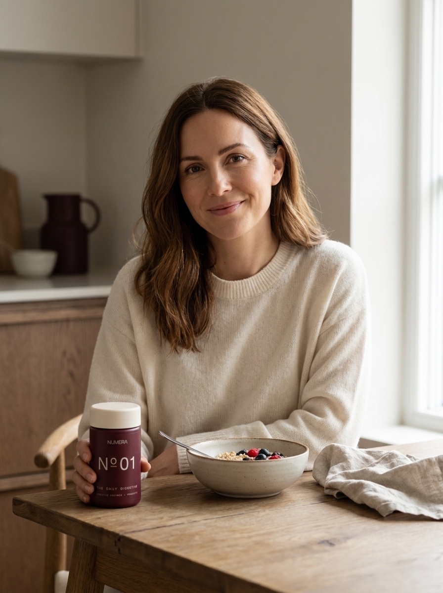 A woman smiling at a wooden breakfast table in morning light, holding the maroon N°01 The Daily Digestive bottle.